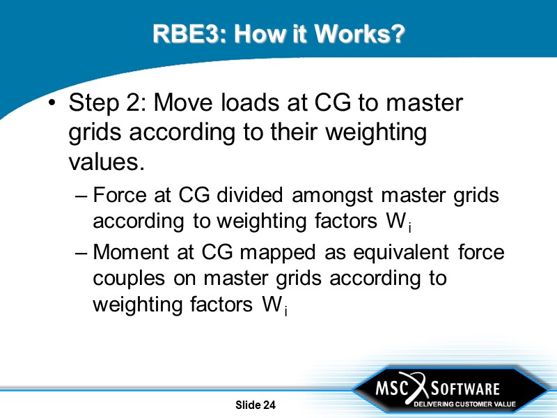Slide 24 RBE3: How it Works? Step 2: Move loads at CG to master